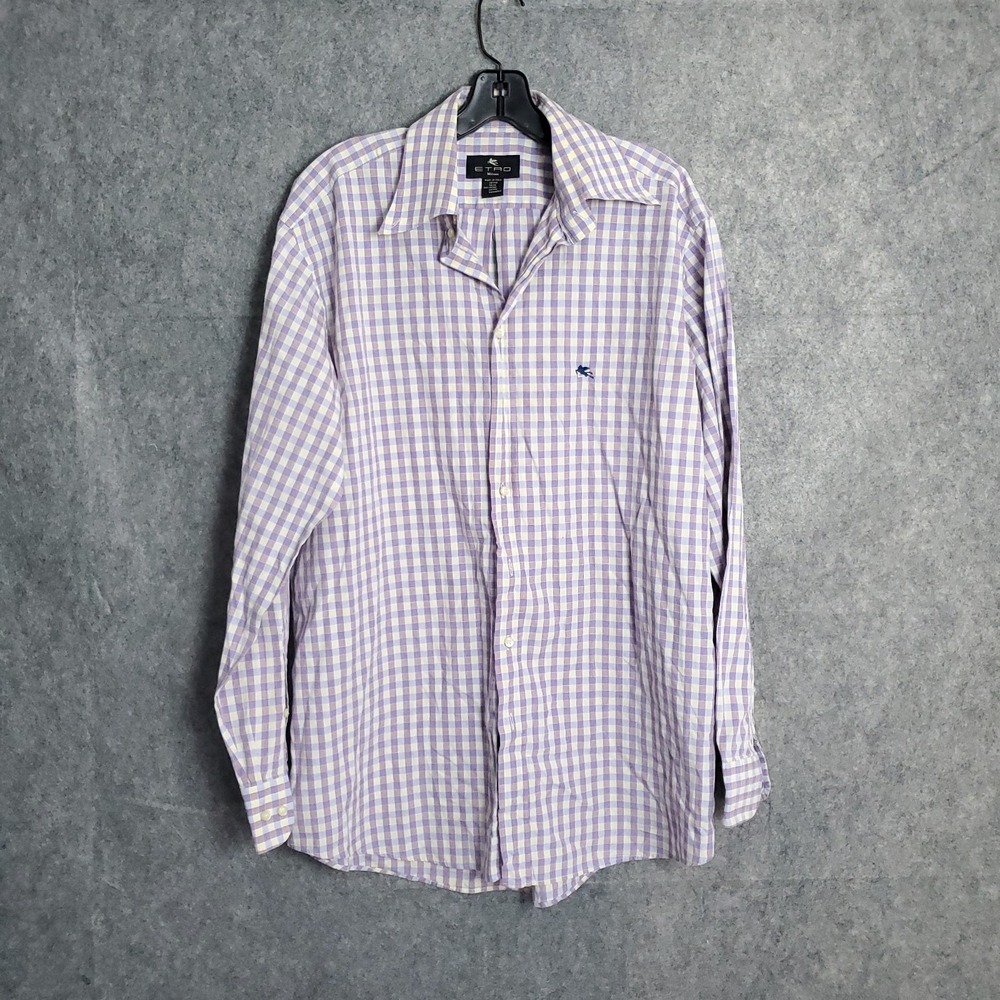 ETRO Shirt Men's Size 42 Long Sleeve Button Purple Gingham Check Italy Luxury